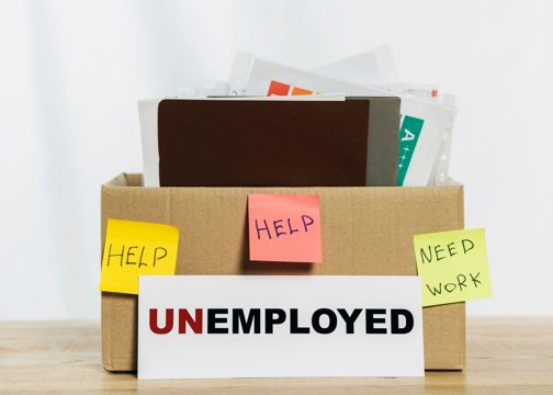 Arrangement with box and unemployed sign