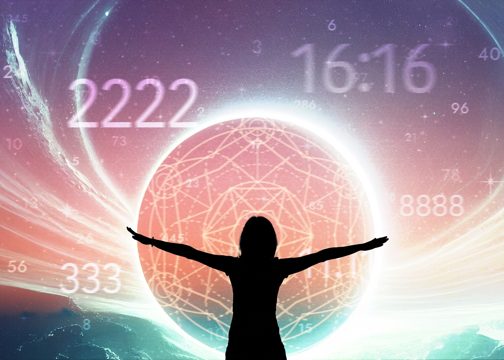 Abstract numerology concept with woman posing