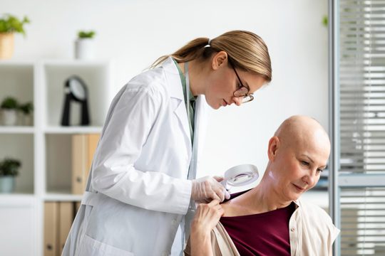 Doctor doing a check on a patient with skin cancer